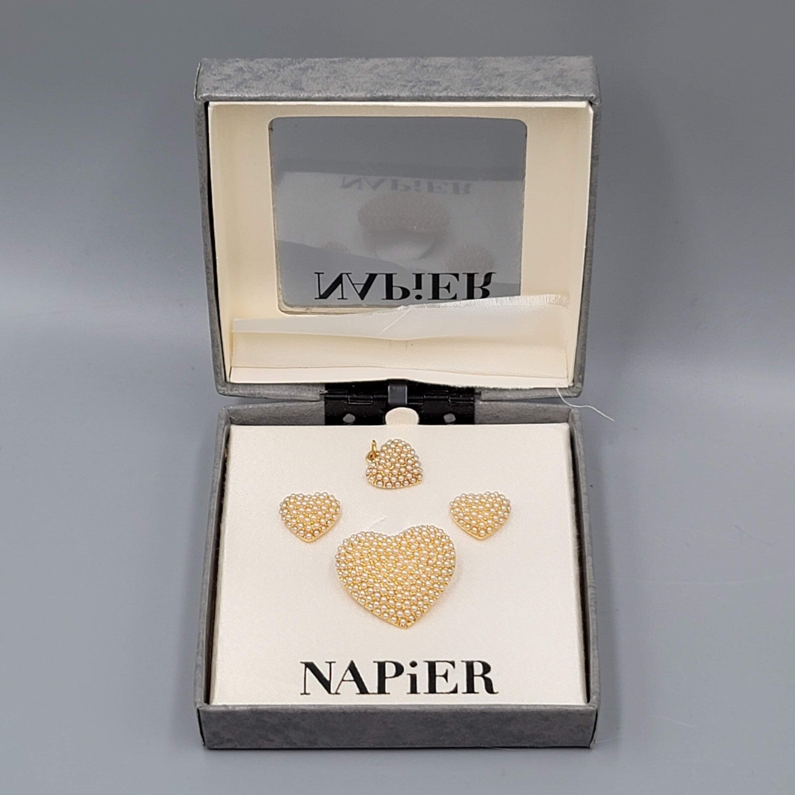 Napier Faux Pearl Cluster Heart Brooch Pierced Earrings Set Matching Pendant