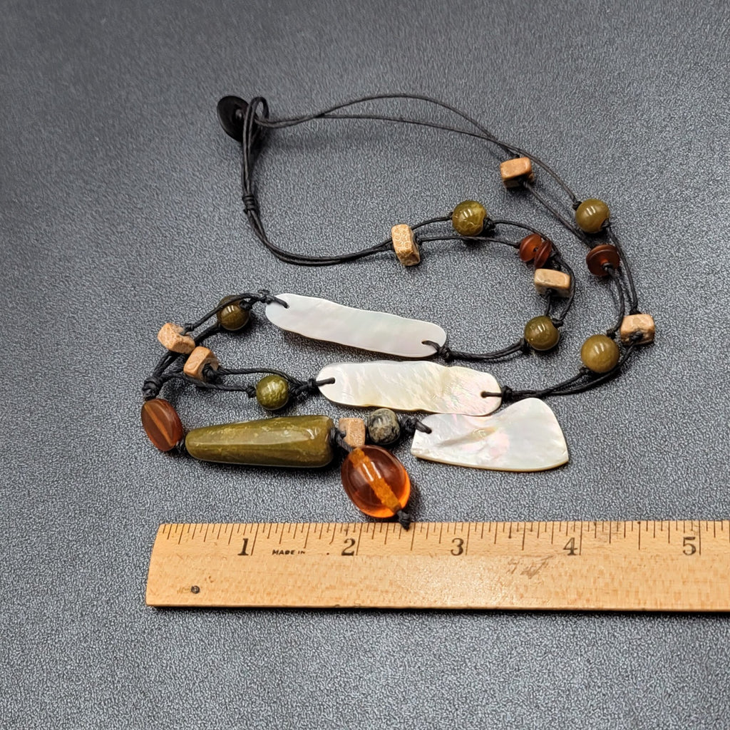 Necklace Glass Bead Shell Gemstone Bead on Black Cord 21"