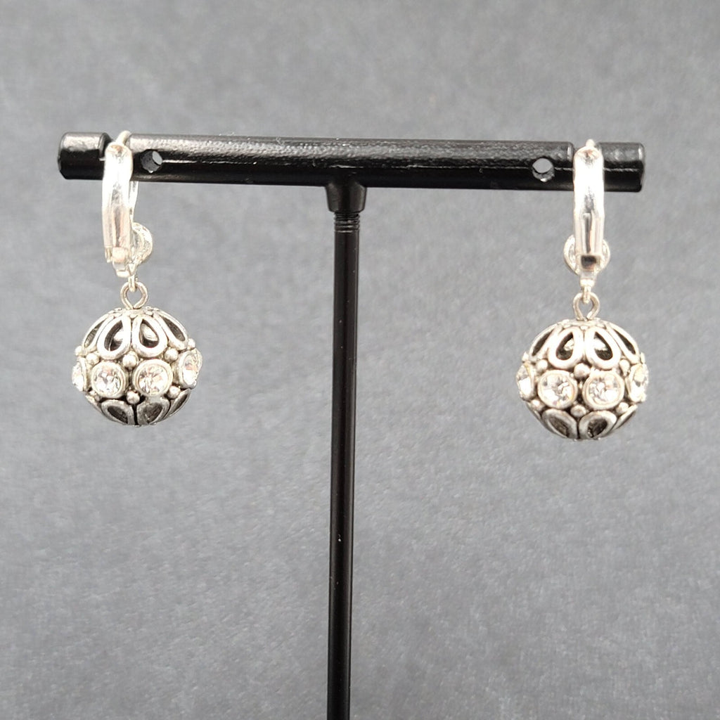 Pierced Earrings Silver tone Crystal Rhinestone Sphere Dangle 5/8" Sparkly!