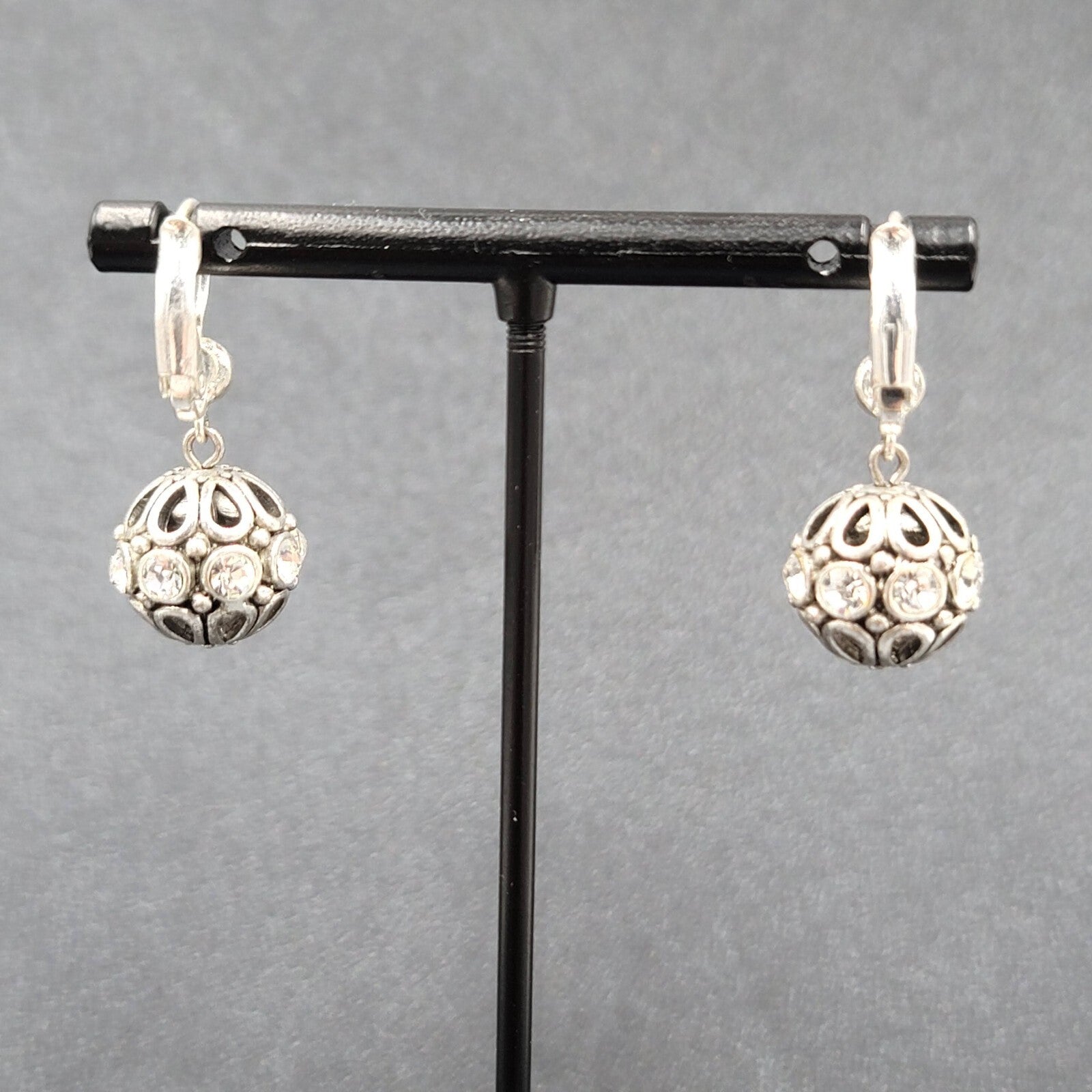 Pierced Earrings Silver tone Crystal Rhinestone Sphere Dangle 5/8" Sparkly!