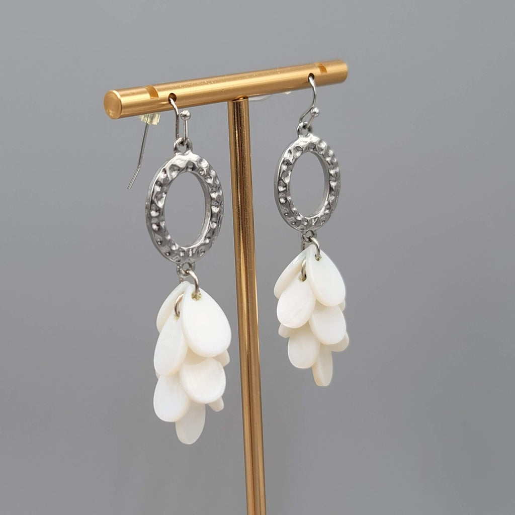 White Shell Pierced Earrings Hammered Silver tone Dangle 2 in