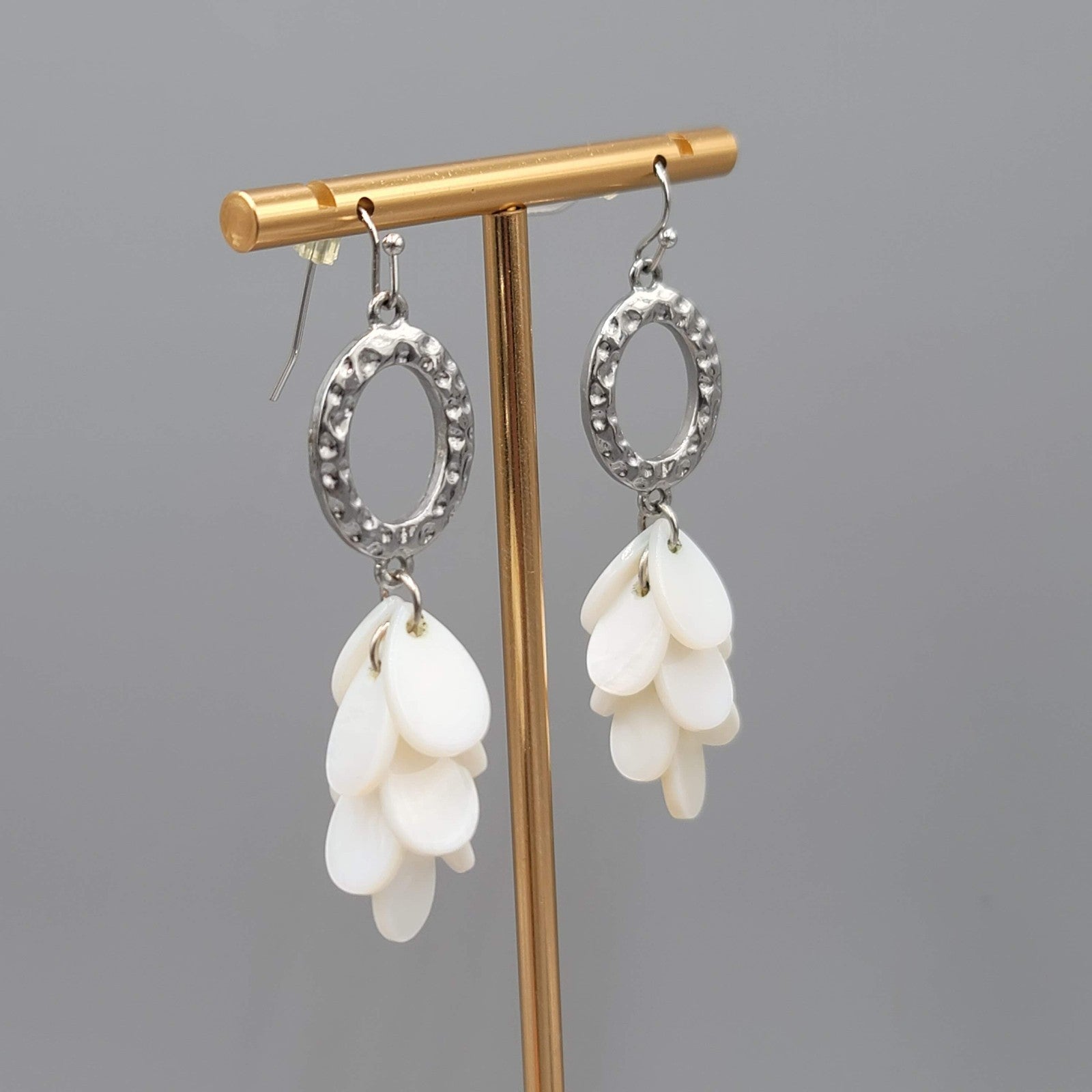 White Shell Pierced Earrings Hammered Silver tone Dangle 2 in