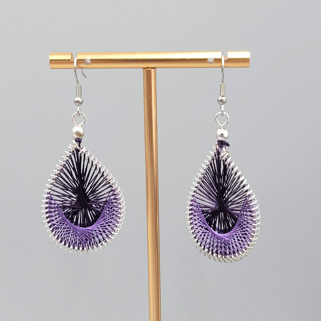 Purple String Art Pierced Earrings Silver tone Dangle 1.75 in