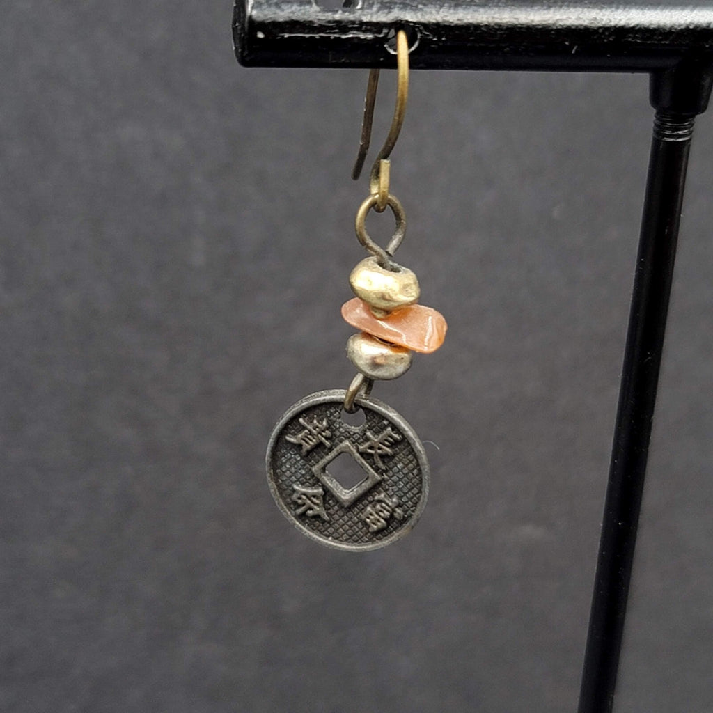 Pierced Earrings Beaded Asian Coin Dangle 1"