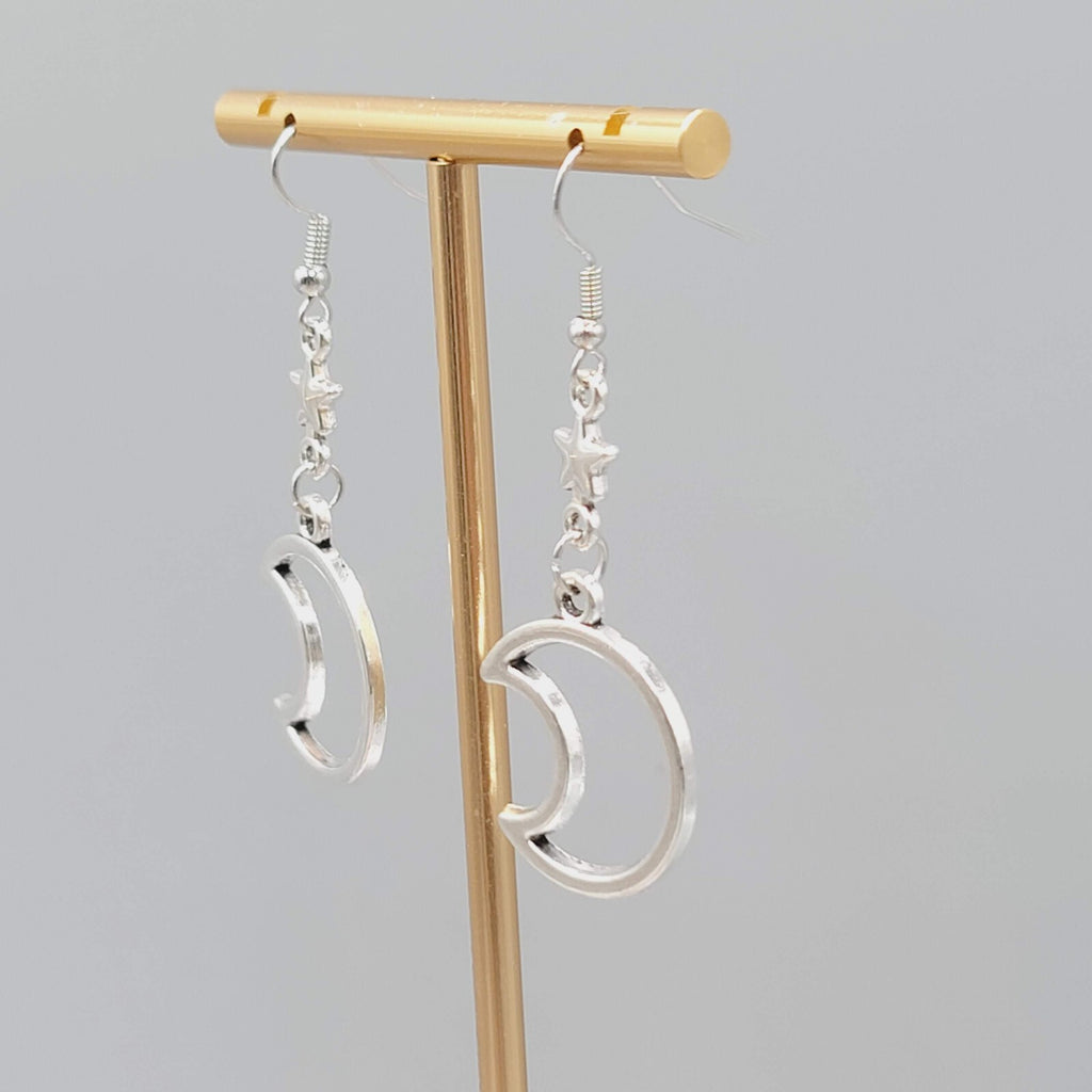 Crescent Moon Stars Pierced Earrings Open Work Silver tone Dangle 1.75"