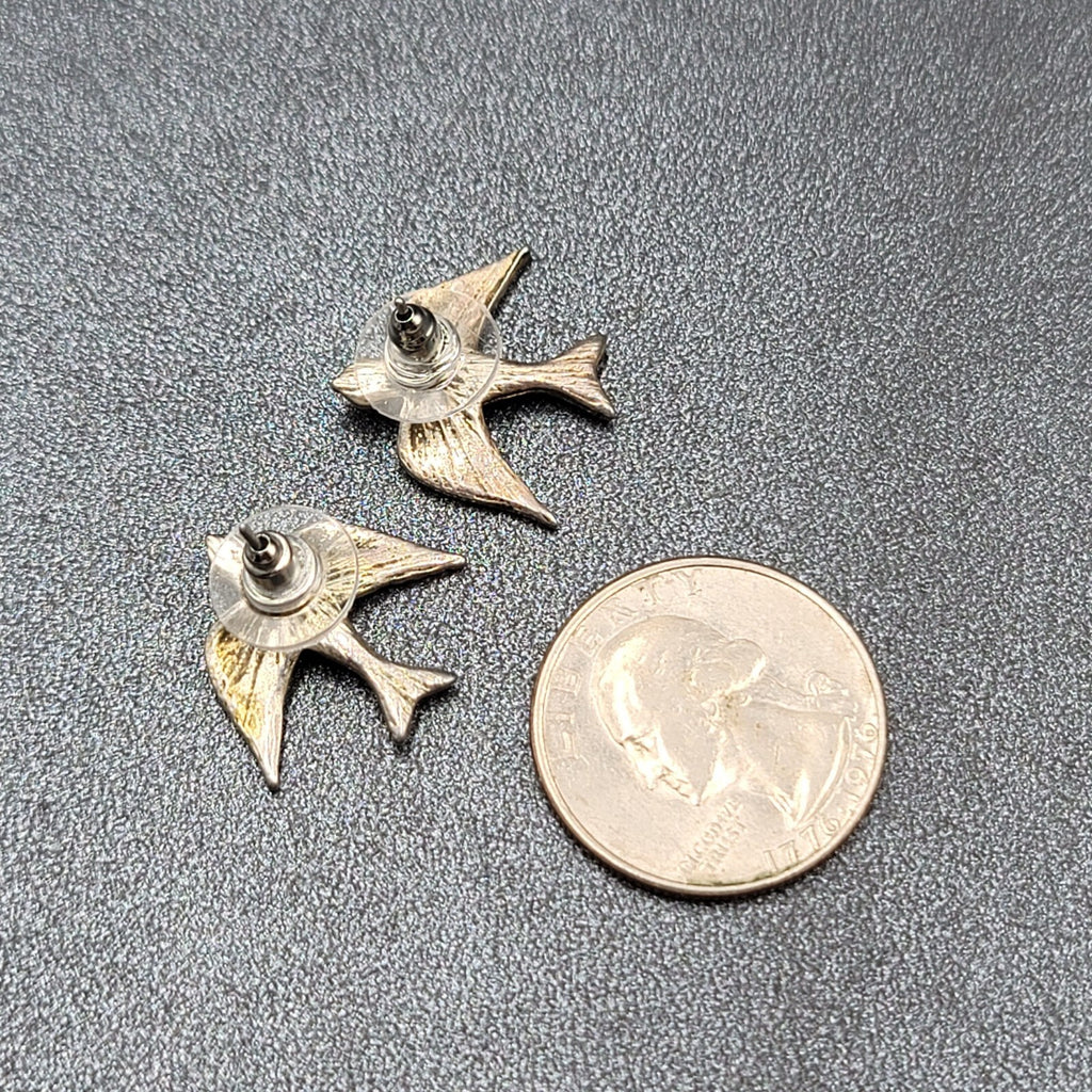 Bird Pierced Earrings Silver tone Drop 3/4"
