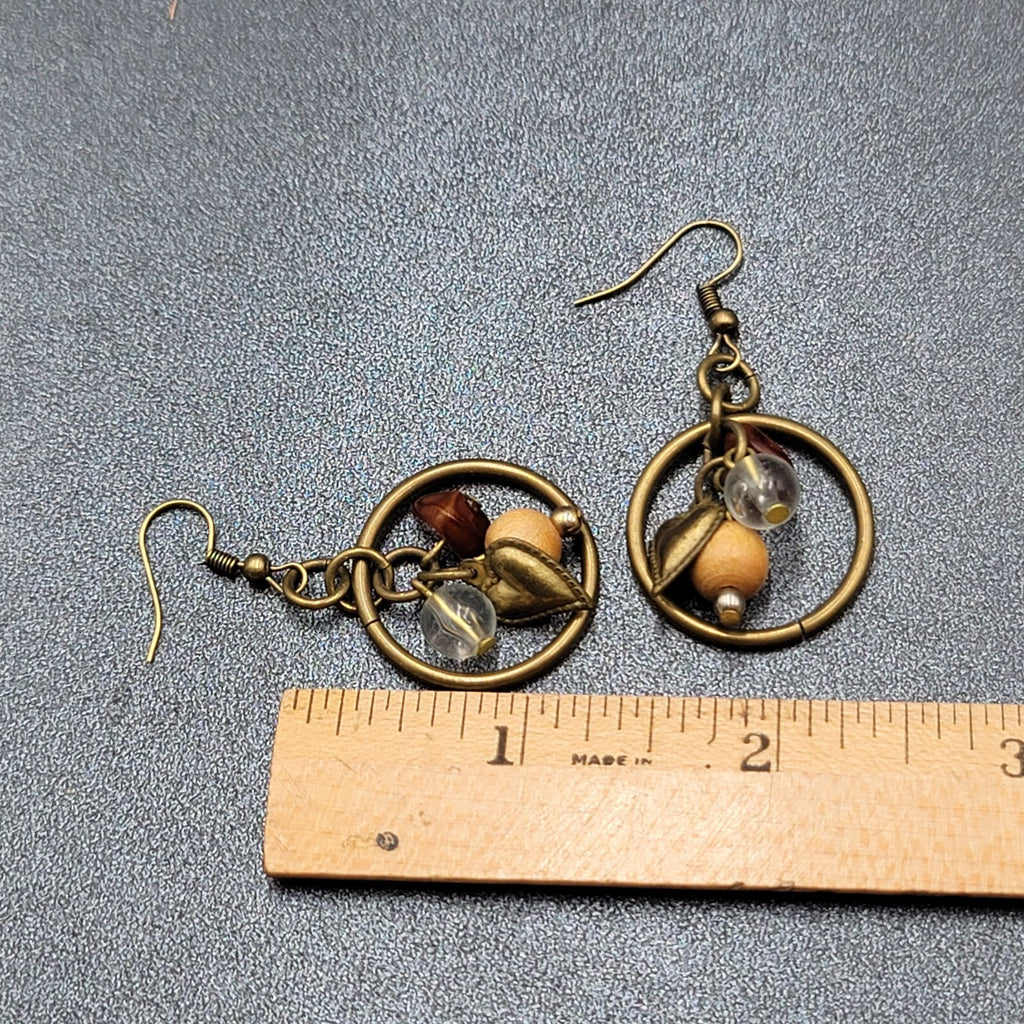 Pierced Earrings Bronze tone Heart Beaded Dangle 1"