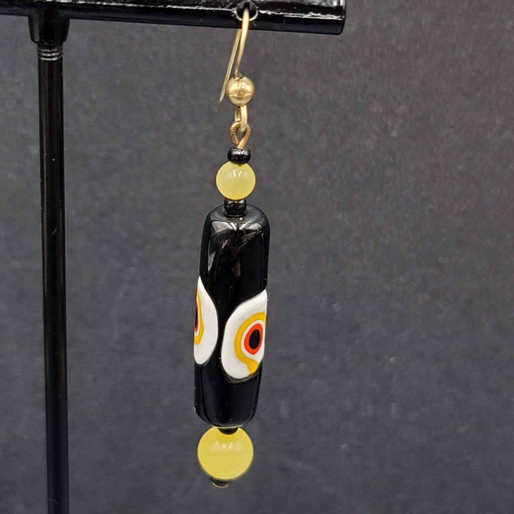 Pierced Earrings Gold tone Black Yellow White Art Glass Barrel Bead 1 7/8"