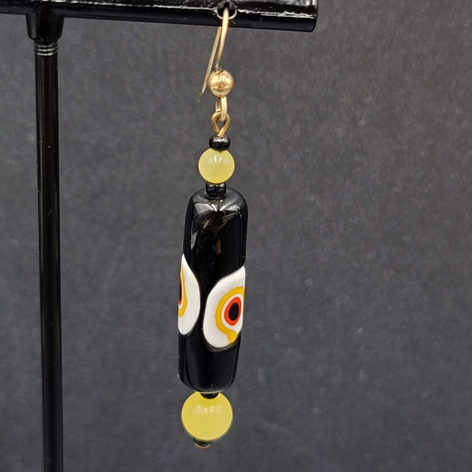 Pierced Earrings Gold tone Black Yellow White Art Glass Barrel Bead 1 7/8"