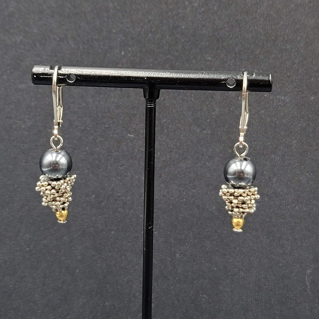 Pierced Earrings Silver tone Black Bead Dangle  7/8"