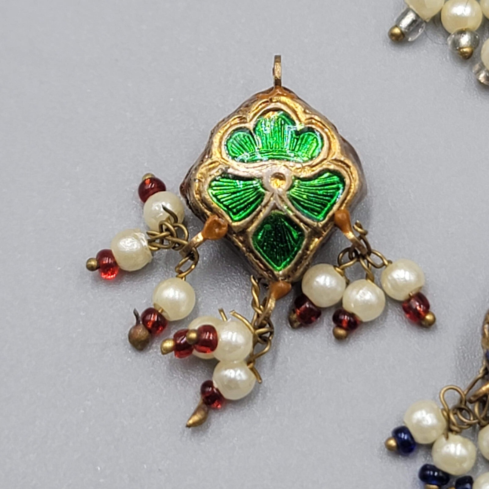 Lot of 4 Multicolor Enamel Guilloche Faux Pearl Dangle Pendants Charms 1"