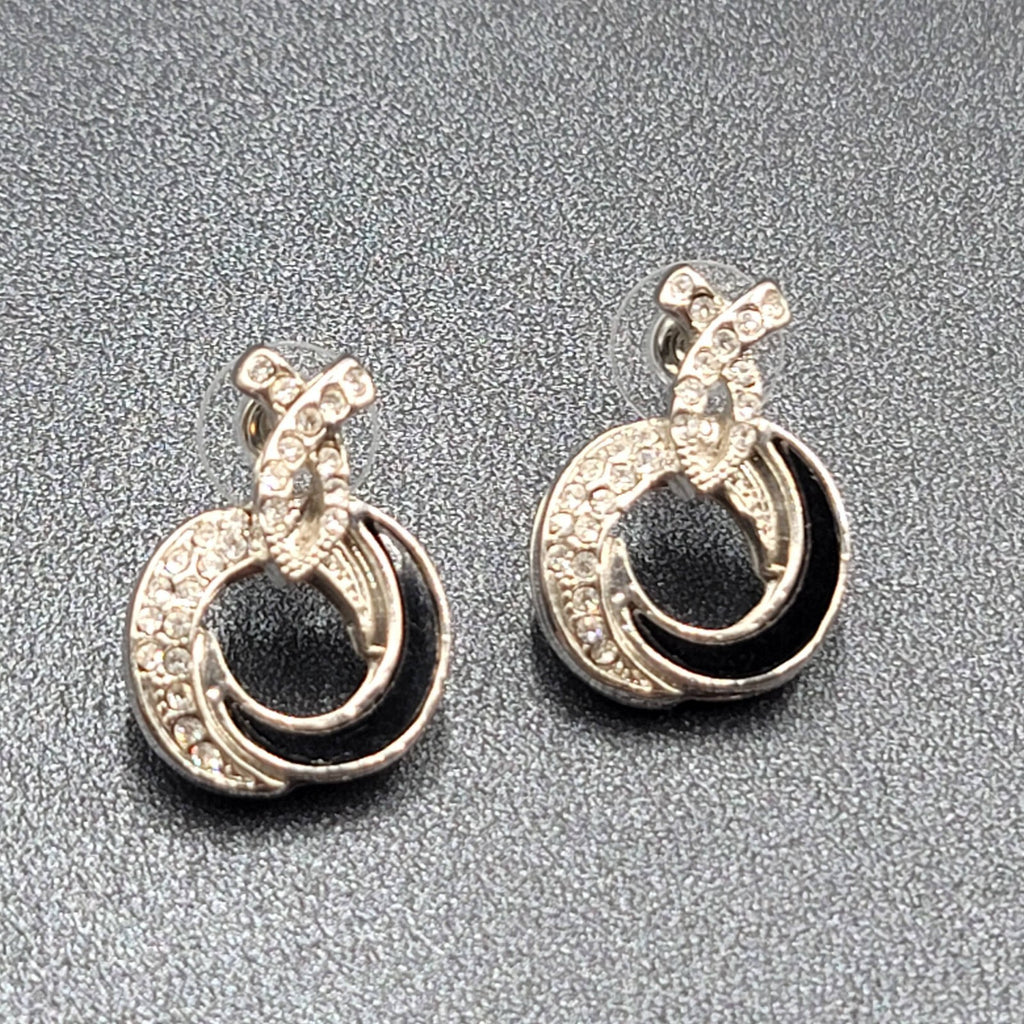 Pierced Earrings Silver tone Black Enamel Rhinestone Drop 1"