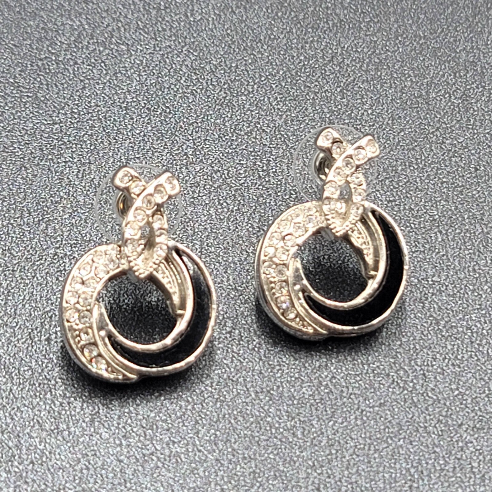 Pierced Earrings Silver tone Black Enamel Rhinestone Drop 1"