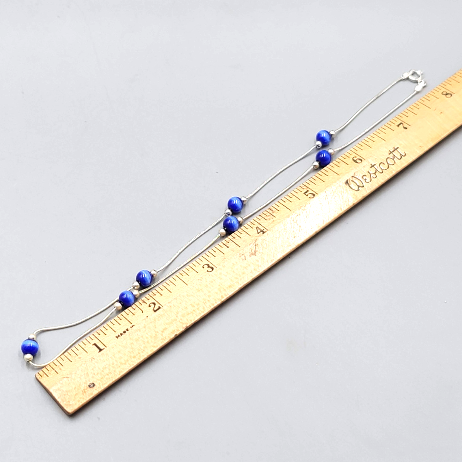 Royal Blue Cats Eye Station Sterling Silver Necklace 925 - 16"