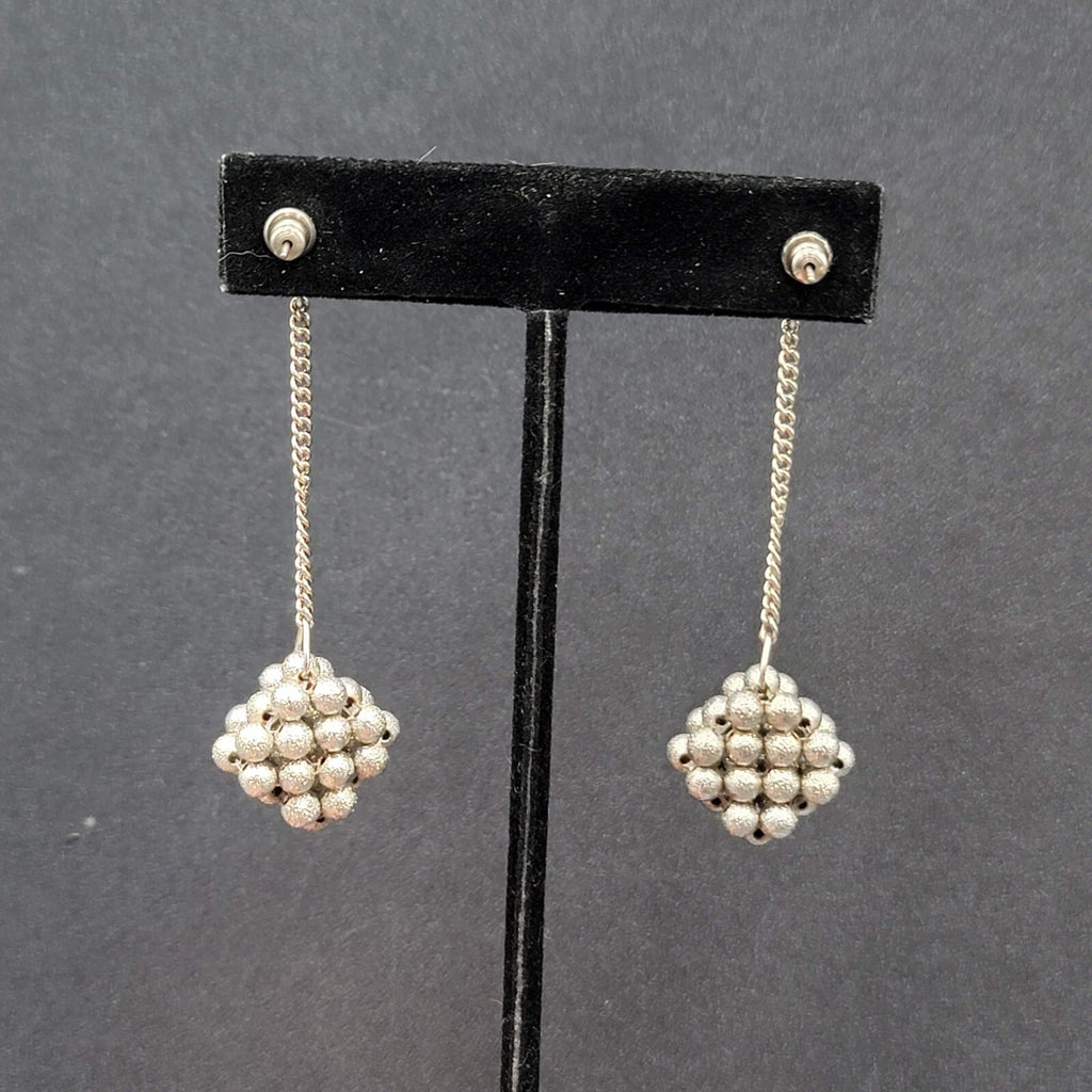 Vintage Pierced Earrings Silver tone Bead Cluster Dangle Unique 2.5"