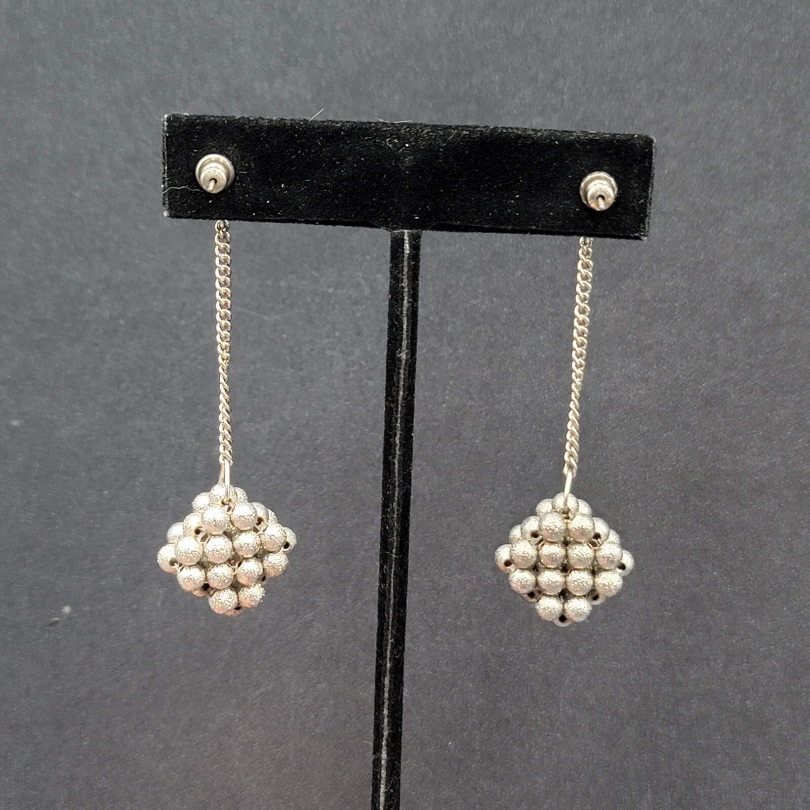 Vintage Pierced Earrings Silver tone Bead Cluster Dangle Unique 2.5"