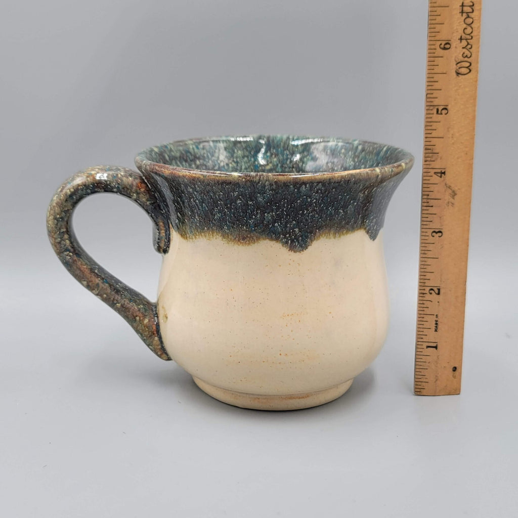 Art Pottery Coffee Mug Artist Signed CR Large Drop Glaze Green Tan