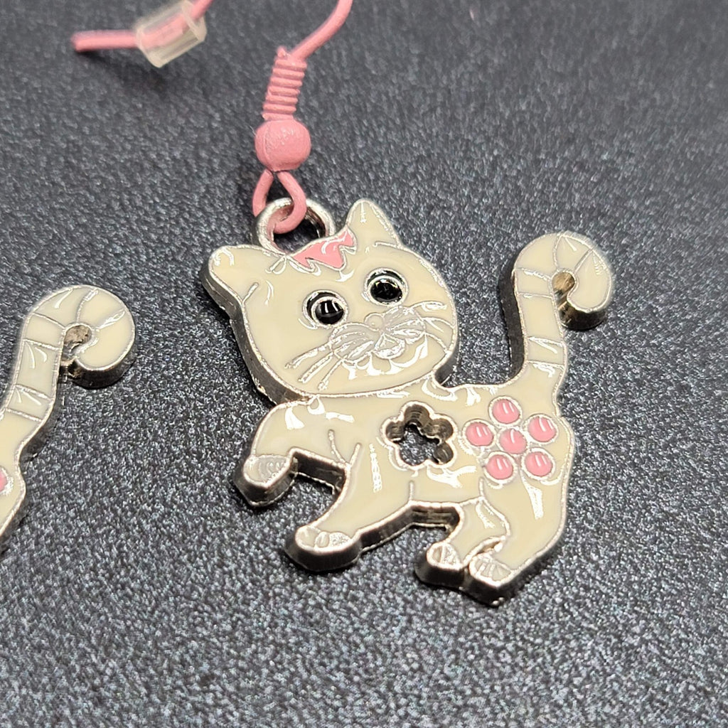Pierced Earrings Pink White Enamel Kitty Cat Dangle Silver tone  1 1/8"