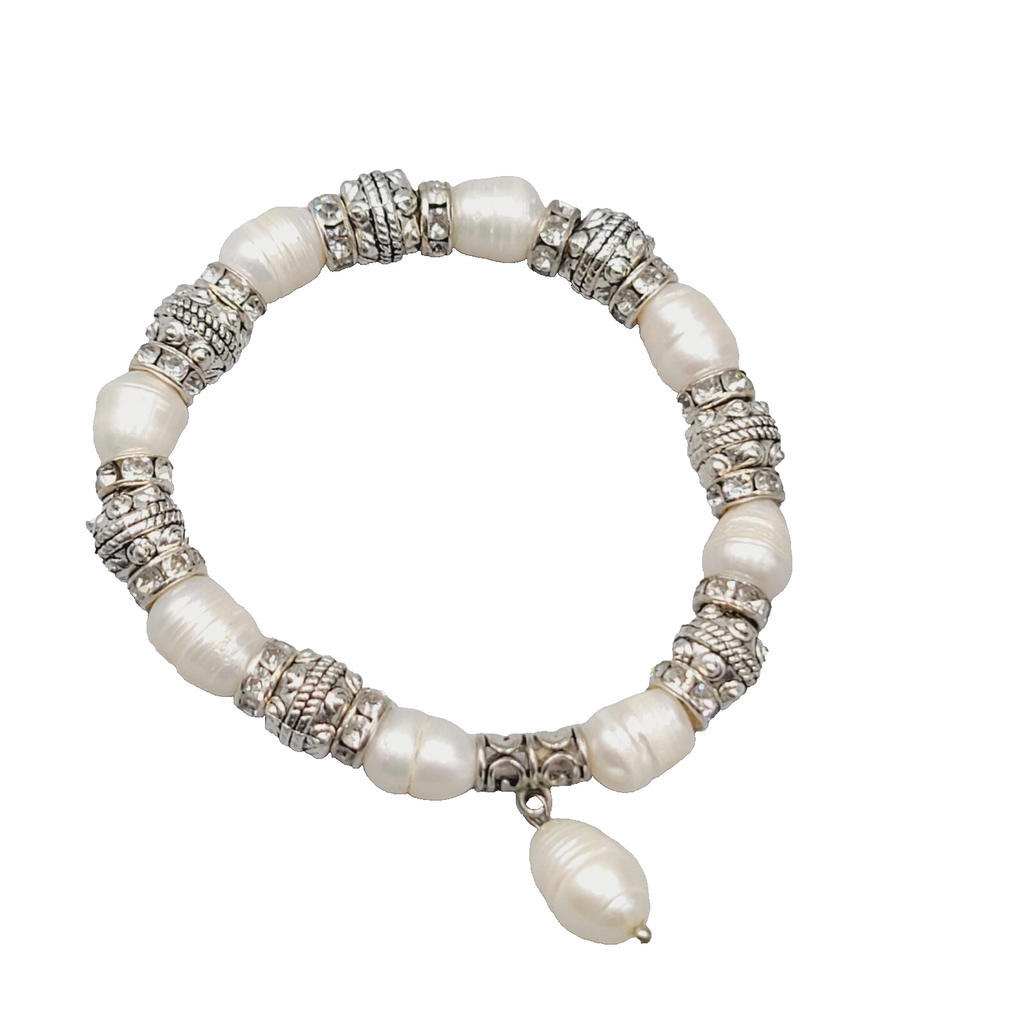 Pearl Bracelet Silver tone Crystal Rhinestone Elastic 6.5"