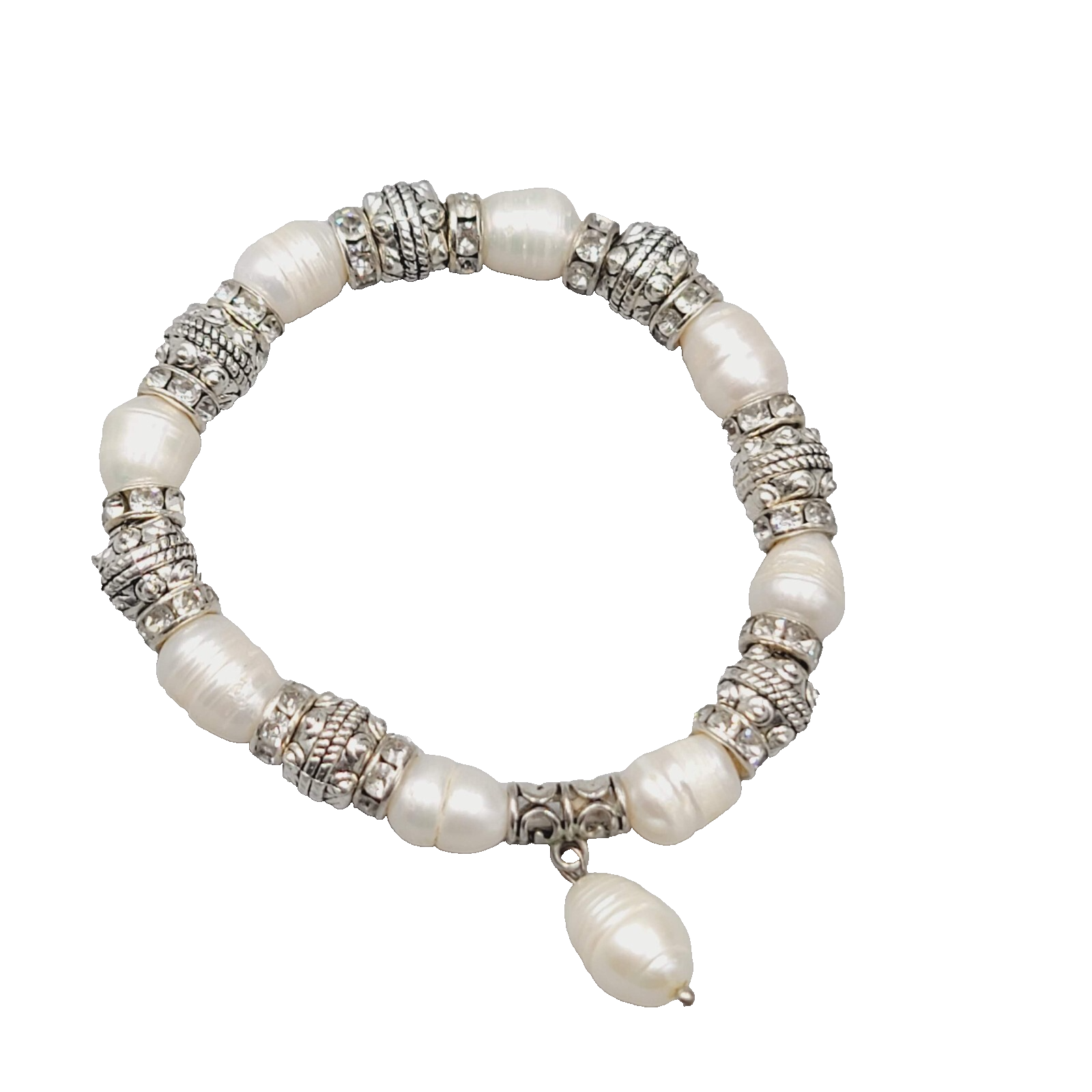 Pearl Bracelet Silver tone Crystal Rhinestone Elastic 6.5"