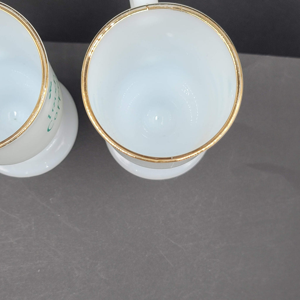 Irish Coffee Milk Glass Pedestal Cup Mugs White Green Barware Set Of 2!