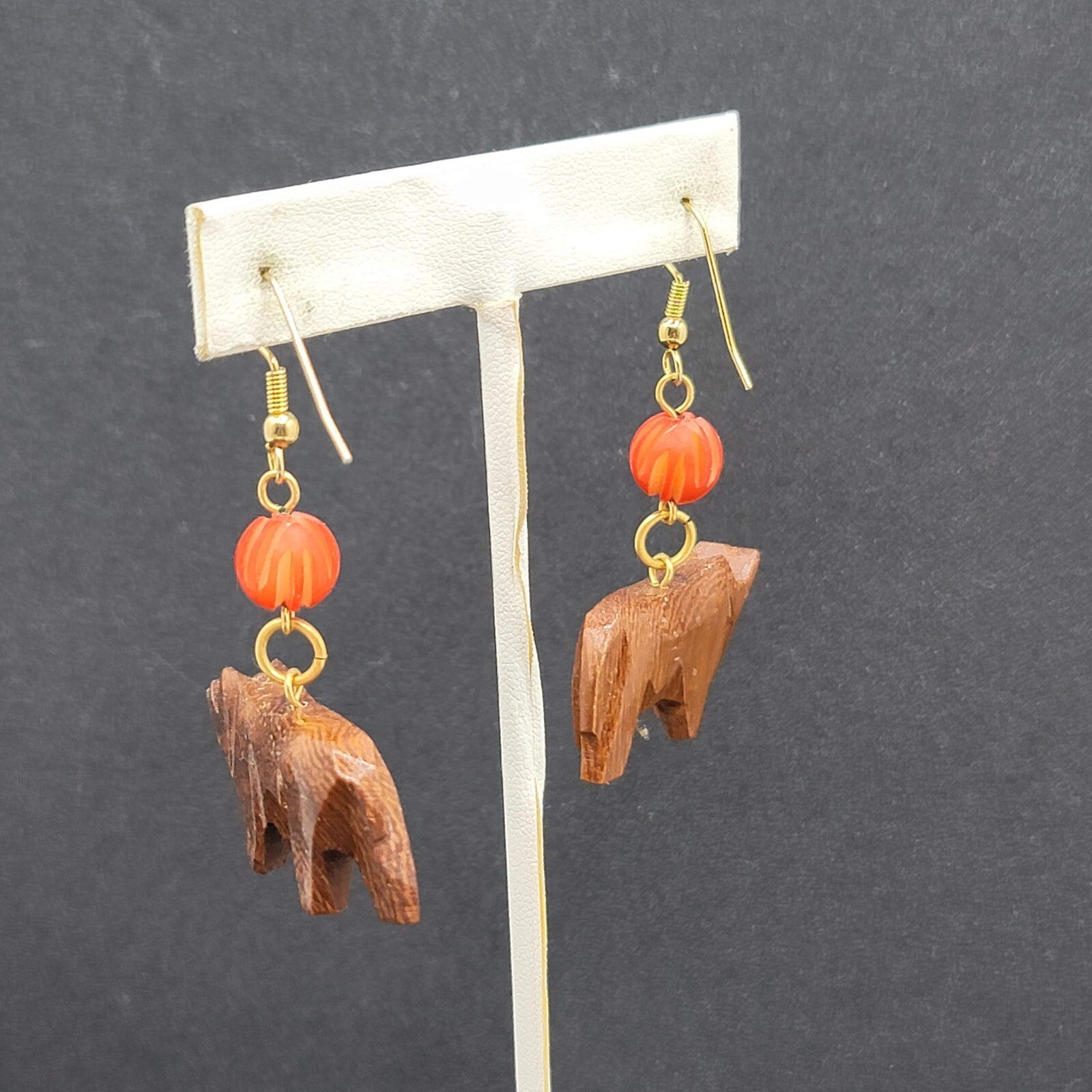 Hand Carved Wooden Animal Dangle Earrings Orange Bead 1.5"