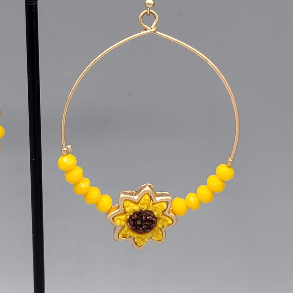 Sunflower Pierced Earrings Gold tone Yellow Bead Dangle hoops 2"