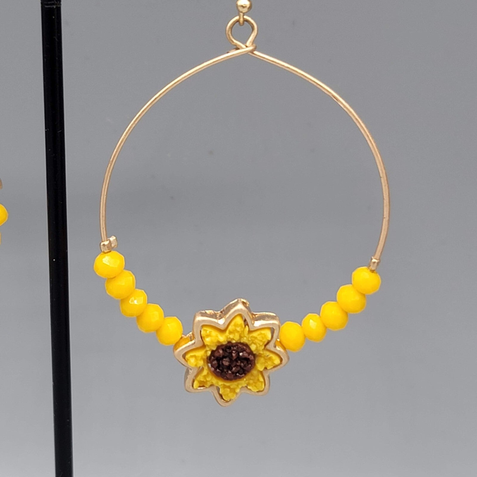 Sunflower Pierced Earrings Gold tone Yellow Bead Dangle hoops 2"