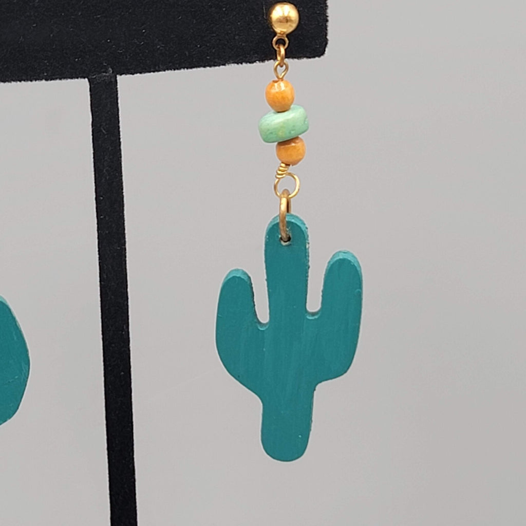Vintage Wood Cactus Pierced Earrings Bead Dangle 2.75"