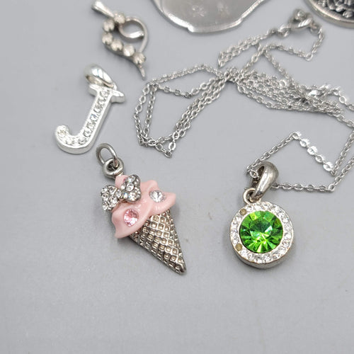 All Silver tone Pendant Lot of 16 Various Styles One Chain Included