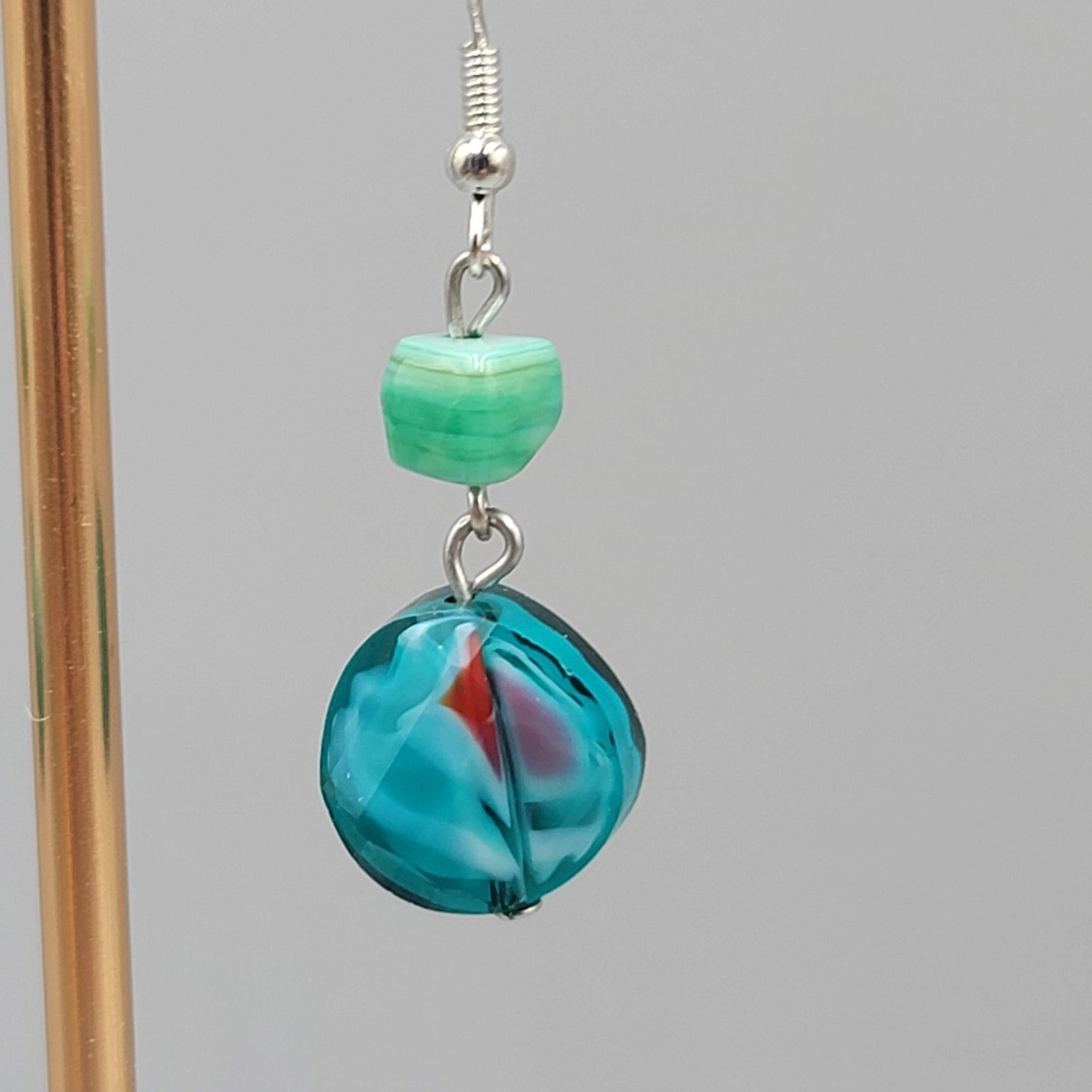 Blue and Green Art Glass Beads Pierced Earrings Silver tone Dangle 1.25 in