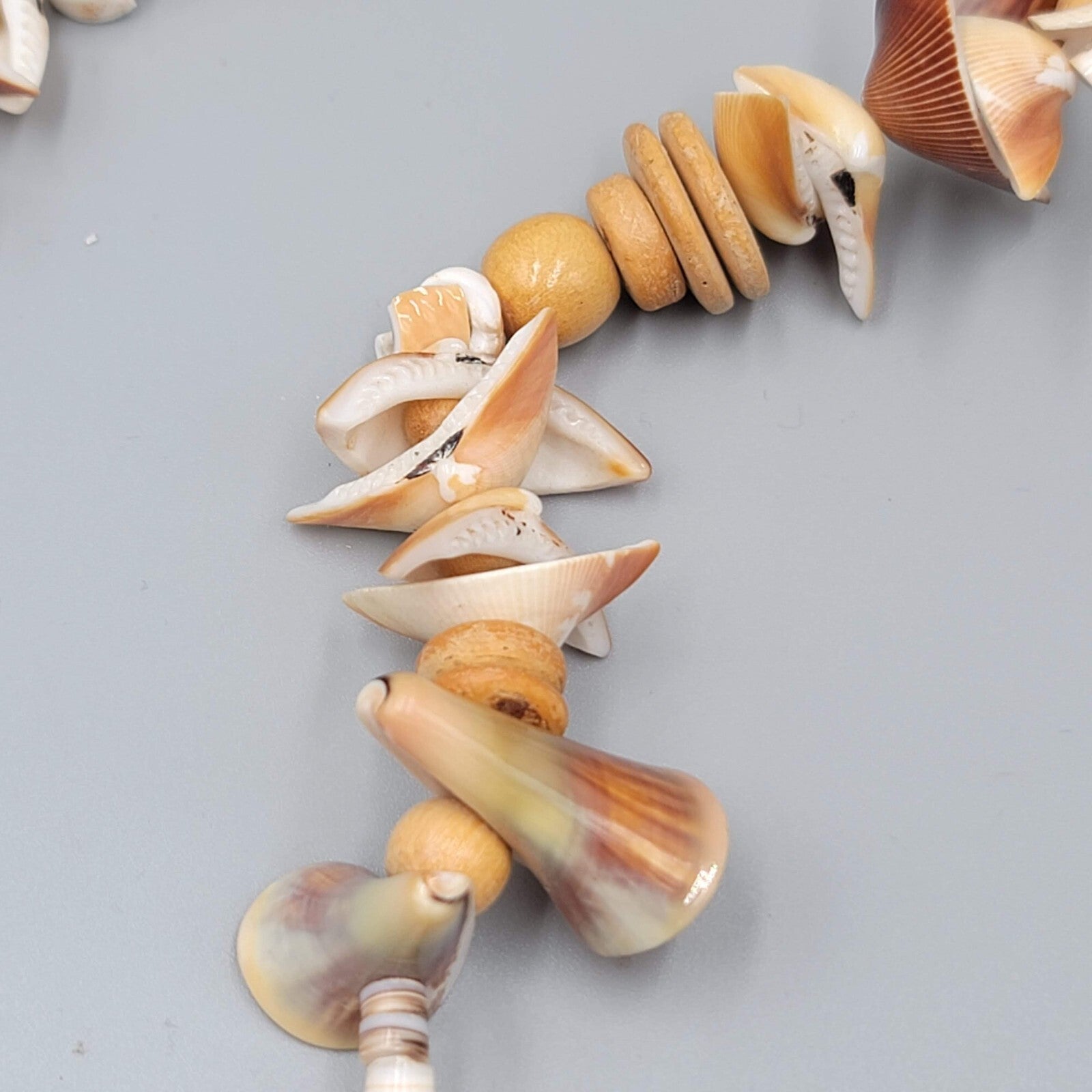 Vintage Necklace Wood Bead Shell Pieces LONG Unique Beach Summer 40"