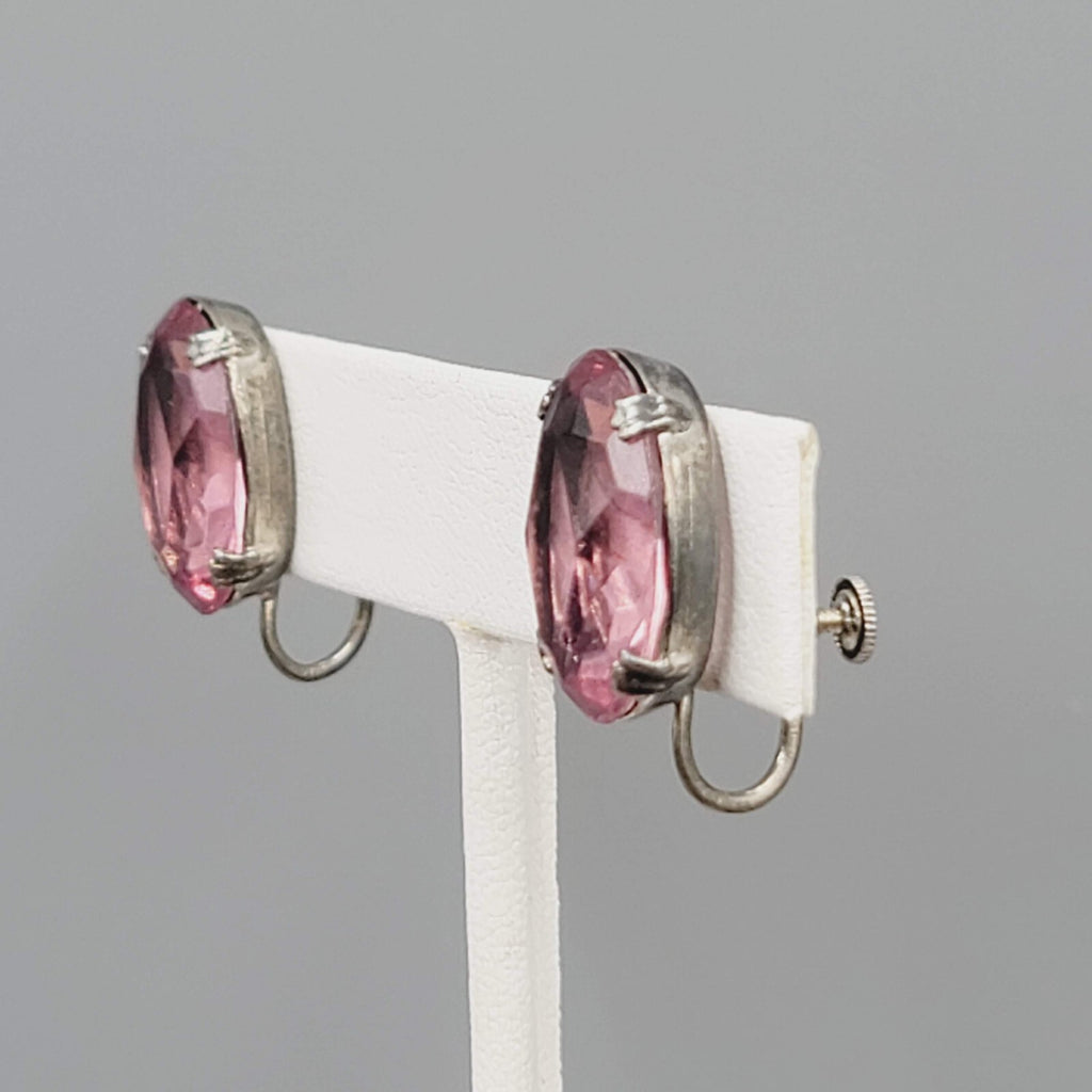 Sterling Silver Clip on Earrings 925 Screw Back Faceted Glass 3/4"