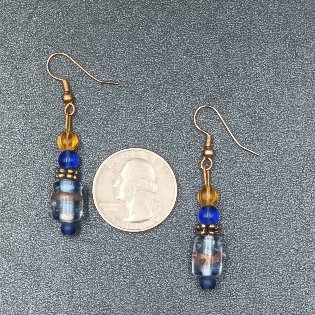 Pierced Earrings Wedding Cake Art Glass Blue Beaded Gold tone Hook Dangle 1 1/8'