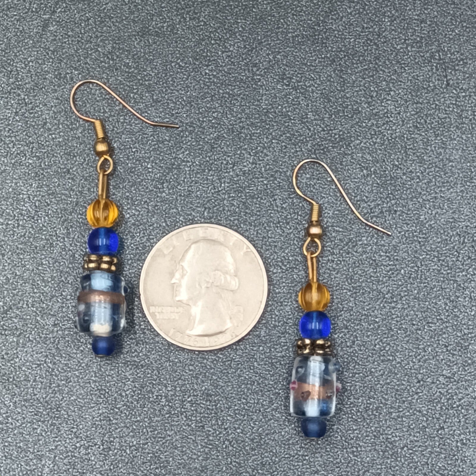 Pierced Earrings Wedding Cake Art Glass Blue Beaded Gold tone Hook Dangle 1 1/8'