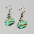 Clam Shell Beach Sea life Pierced Earrings Bronze tone Green wash Dangle 5/8"