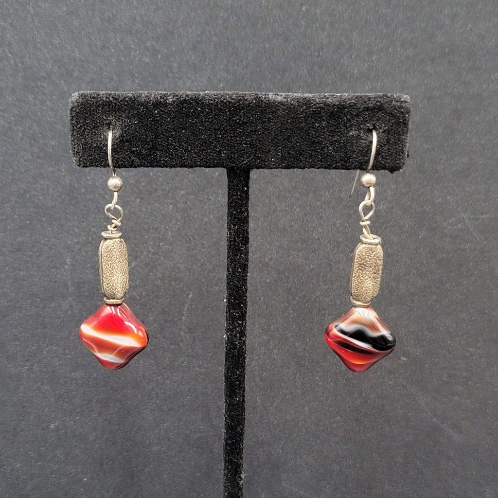 Pierced Earrings Silver tone Red Art Glass Square Bead Dangle 1.25"