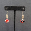 Pierced Earrings Silver tone Red Art Glass Square Bead Dangle 1.25"