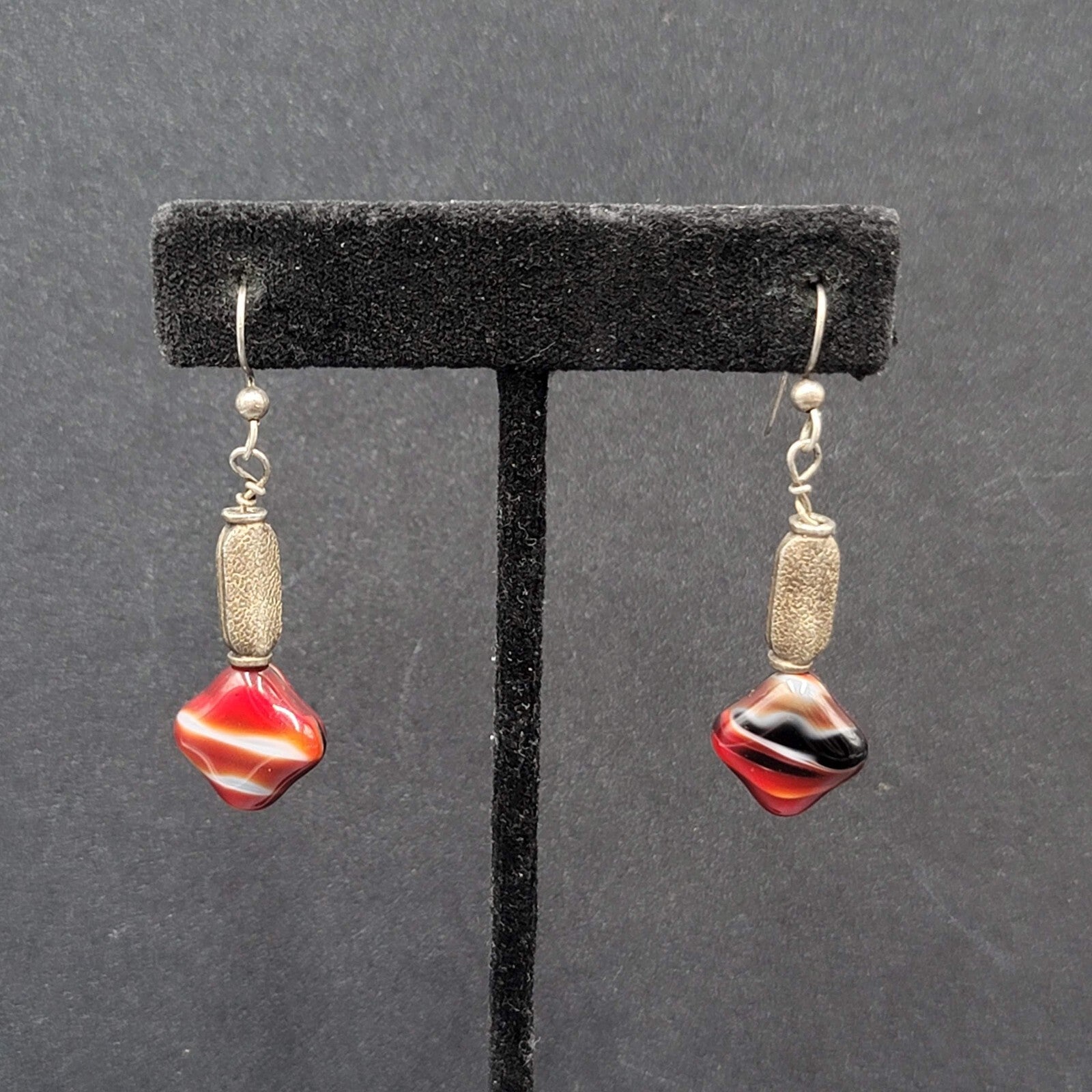 Pierced Earrings Silver tone Red Art Glass Square Bead Dangle 1.25"