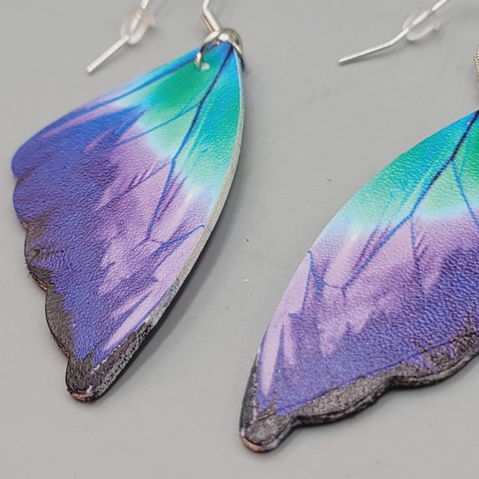 Butterfly Wing Pierced Earrings Purple Green Blue Statement Dangle 2.25"