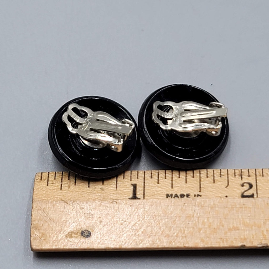 Vintage Faceted Black Glass Round Clip on Earrings 3/4"