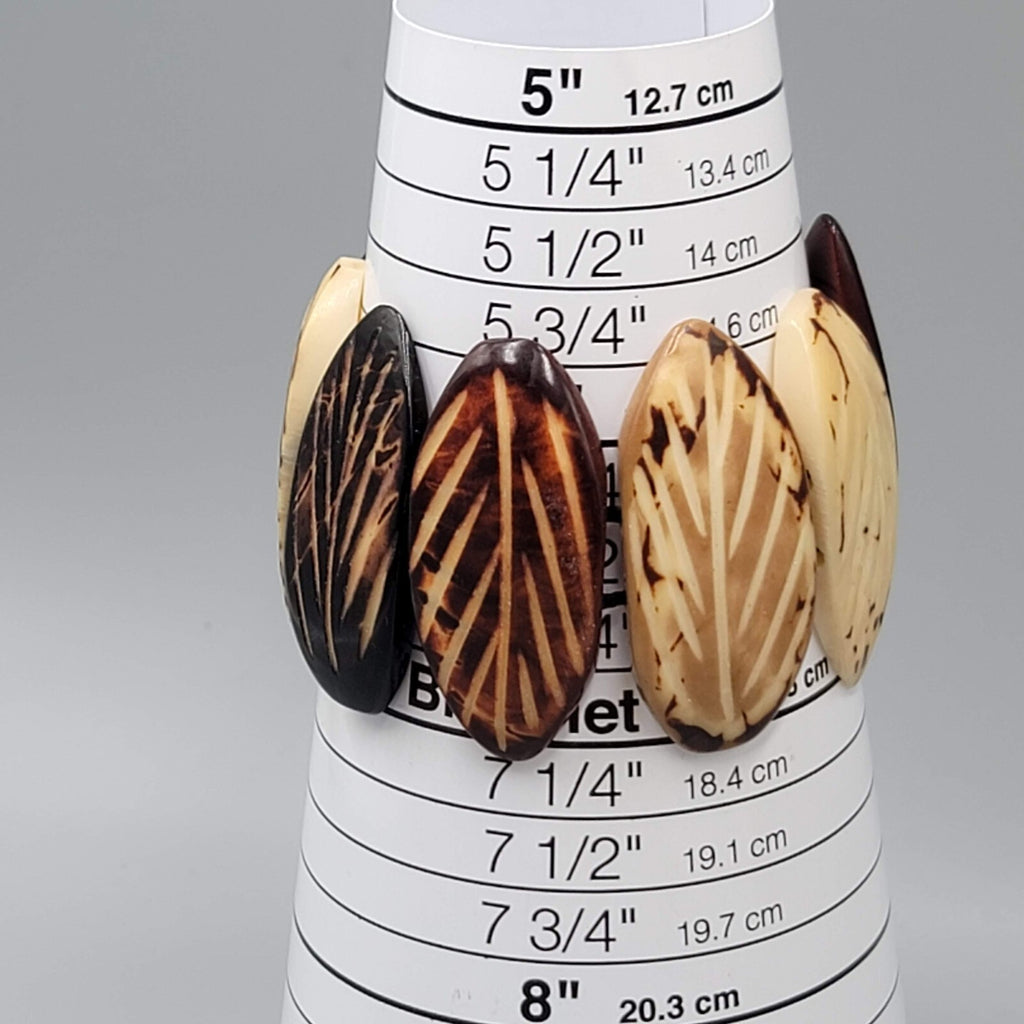 Carved Resin Stretch Bracelet Brown Cream Leaf Design 7 in x 1.75 wide