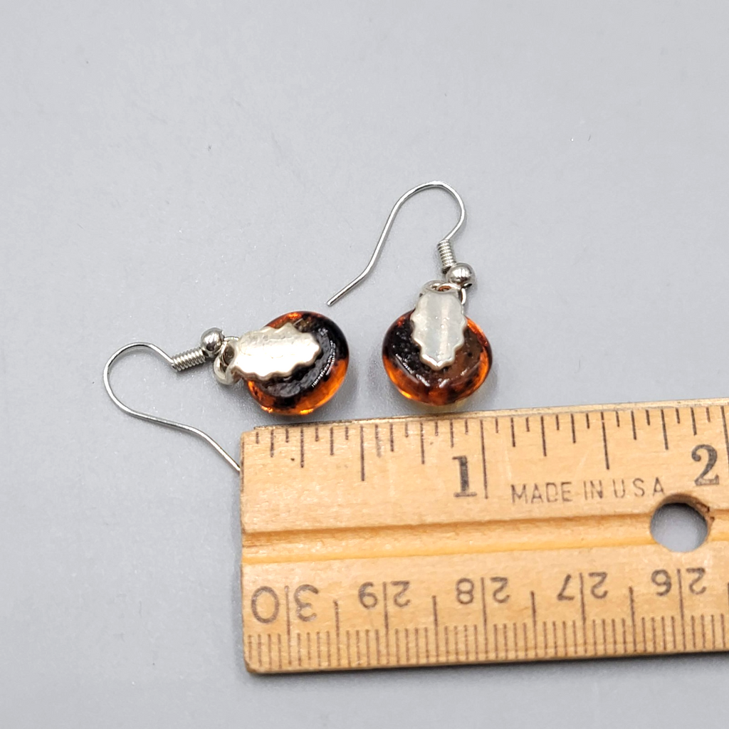 Round Brown Glass Pierced Earrings Silver tone Dainty Dangle 1/2"