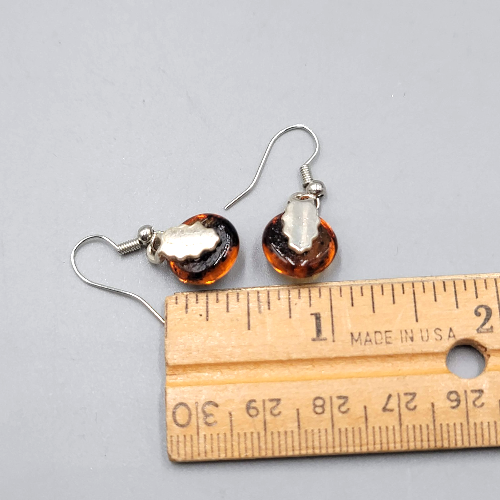 Round Brown Glass Pierced Earrings Silver tone Dainty Dangle 1/2"