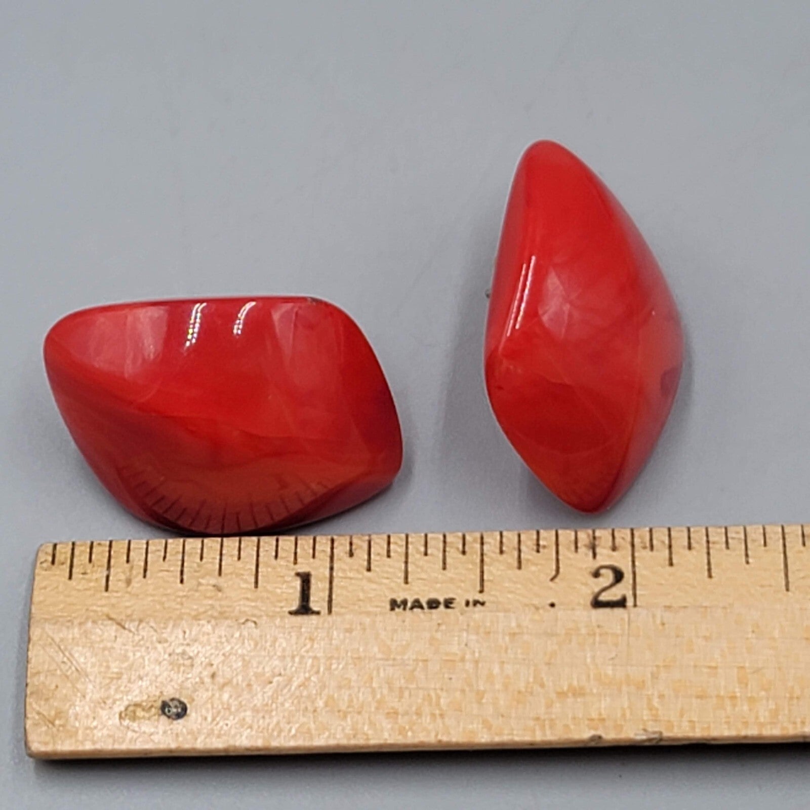 Vintage Red Acrylic Pierced Earrings Statement Geometric Puffy Drop 1.25"
