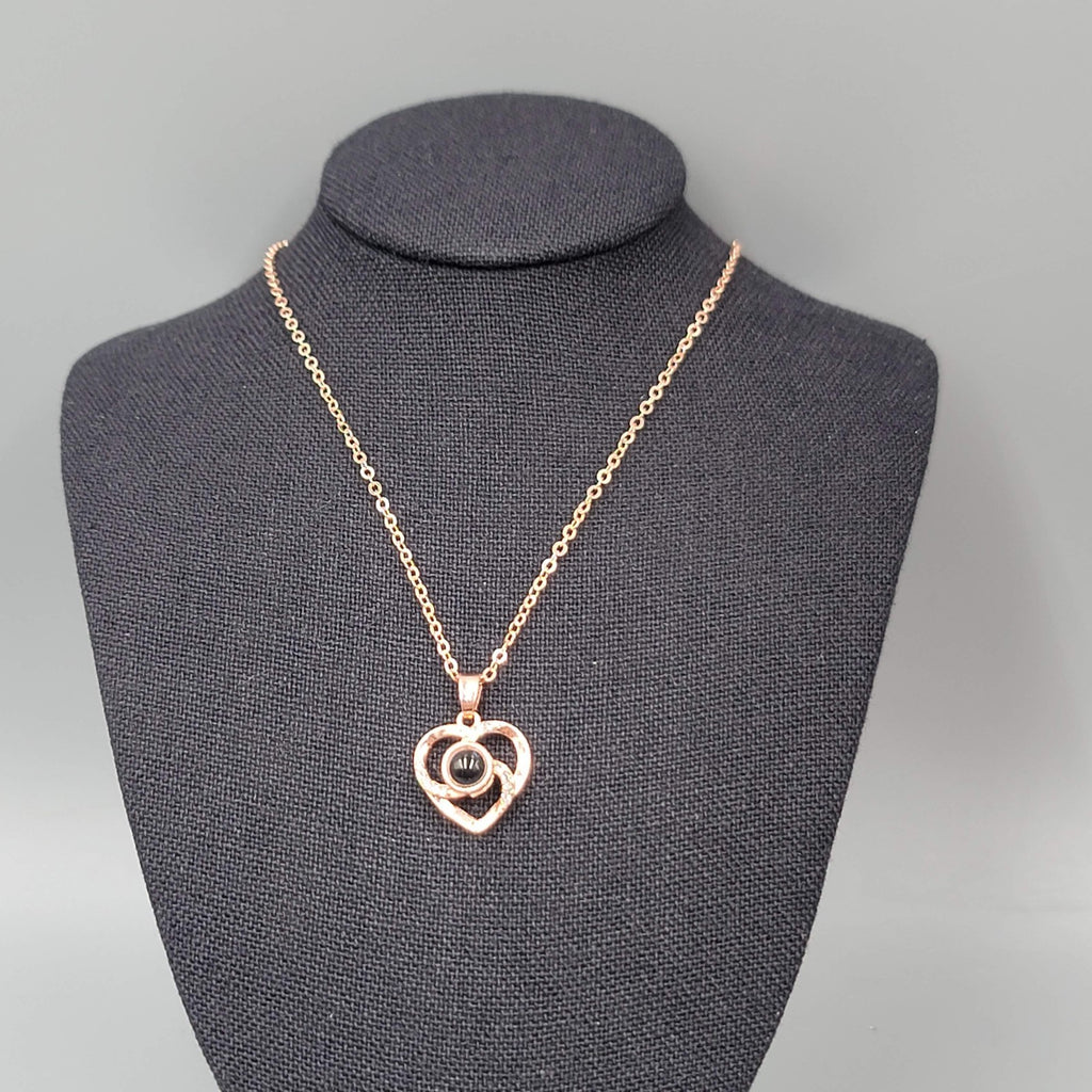 I LOVE YOU in 100 Languages Light Projection Heart Necklace Rose Gold tone 16"+