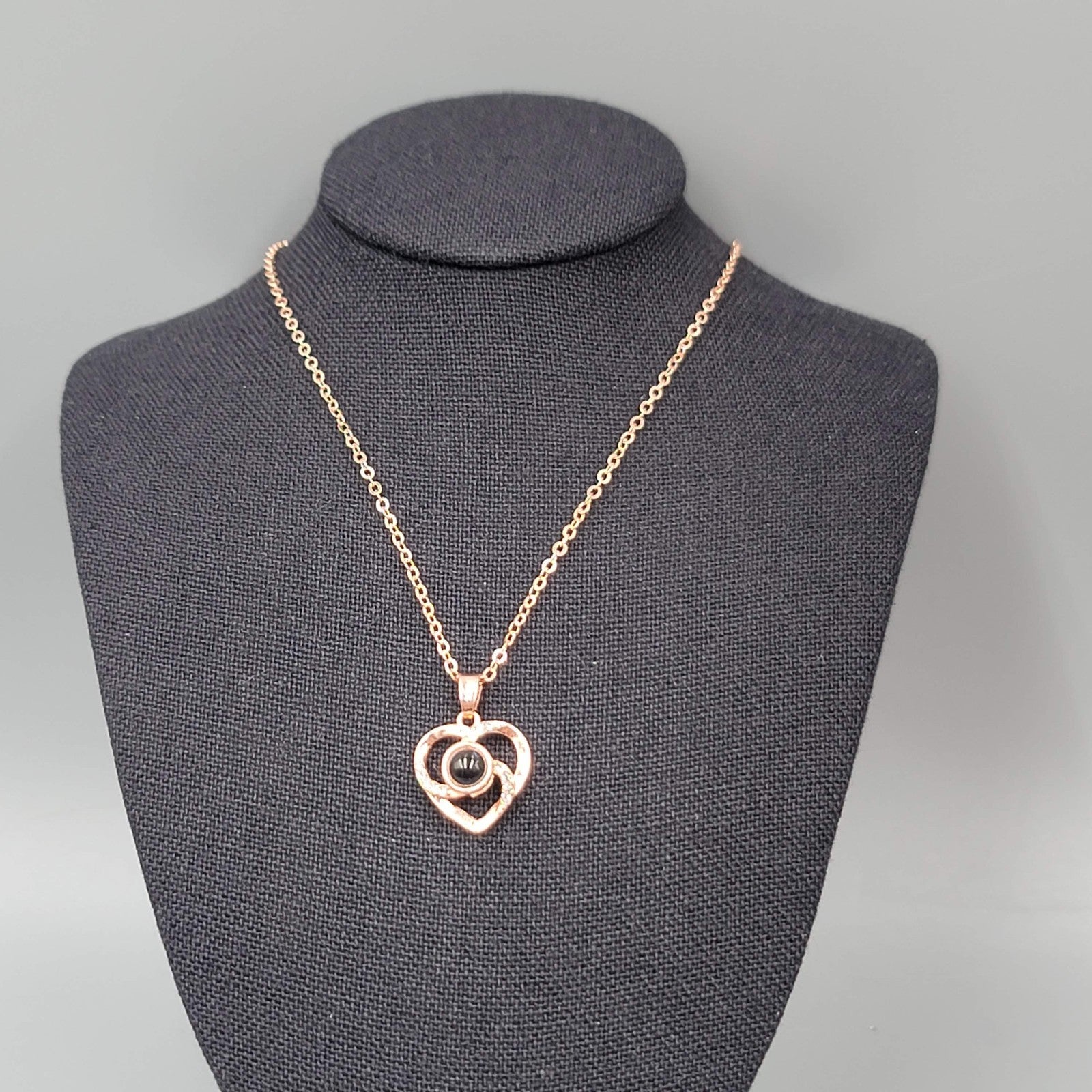 I LOVE YOU in 100 Languages Light Projection Heart Necklace Rose Gold tone 16"+