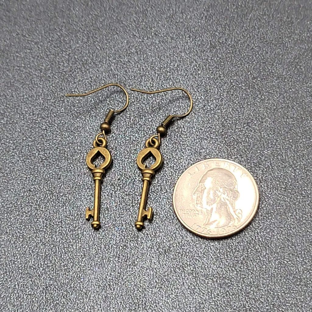 New Pierced Earrings Spade Skeleton Key Bronze tone Dangle 1 1/8"
