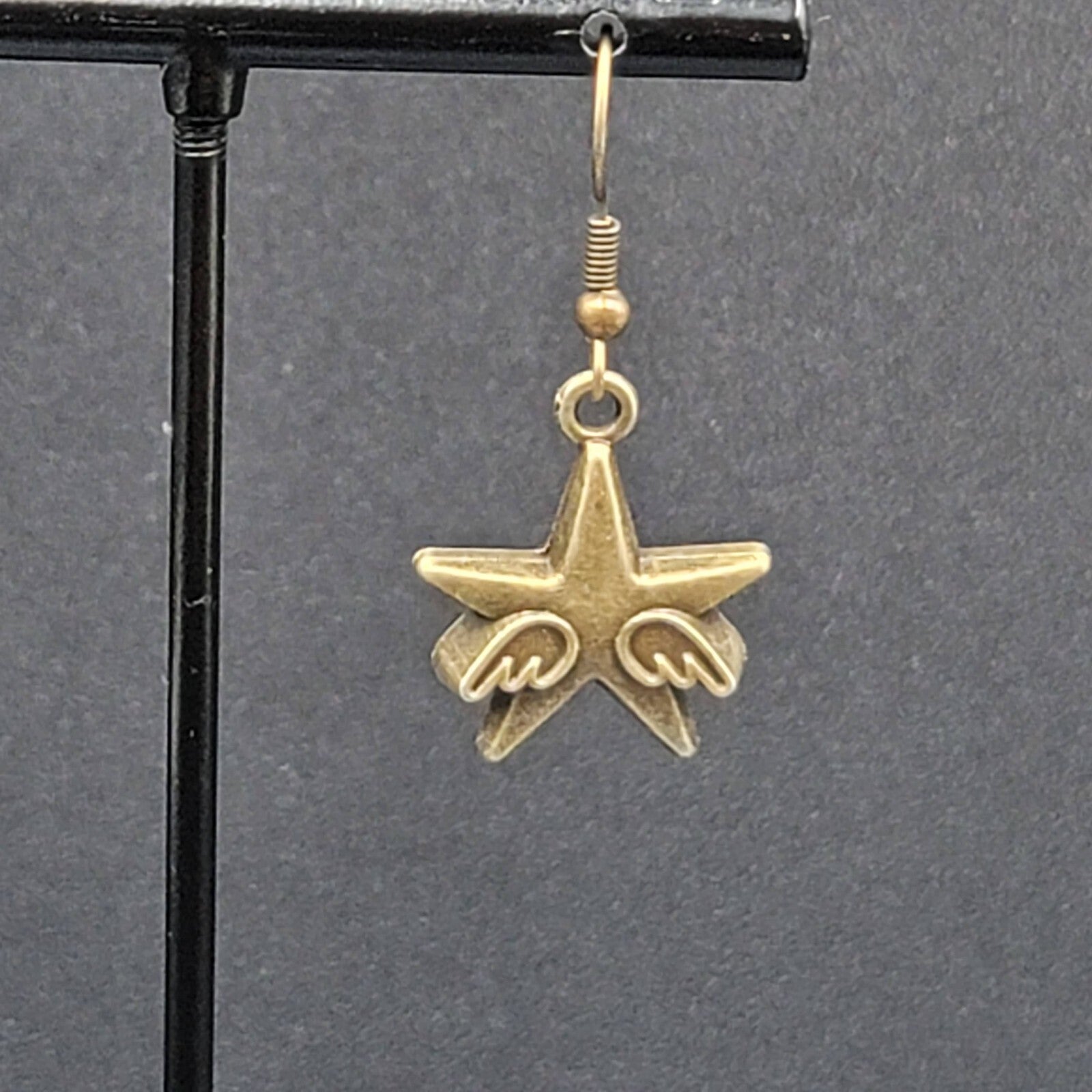 New WINGED STARS Pierced Earrings Bronze tone Dangle 7/8"
