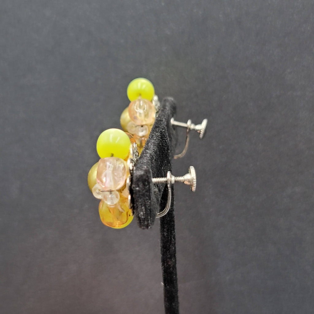 Vintage Clip on Earrings Yellow Green Pink Acrylic Cluster Bead Studs 1"